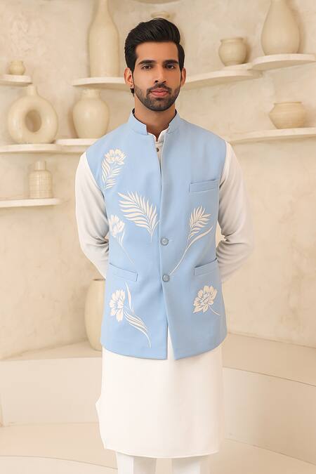 Shop_Courtyard By Abhi_Sky Blue Lycra Embroidery Handcrafted Nehru Jacket And Kurta Set _Online_at_Aza_Fashions