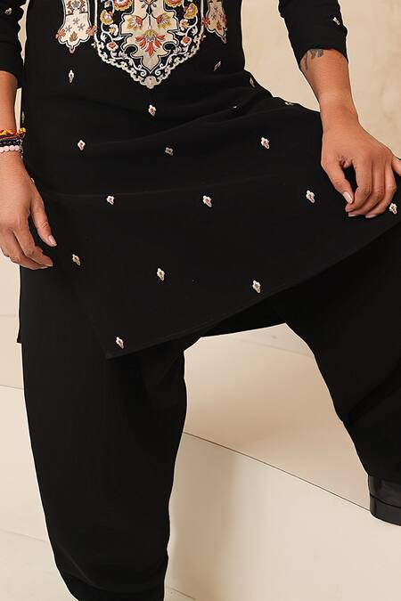 Courtyard By Abhi_Black Lycra Embroidery Handcrafted Kurta Pyjama Set _Online_at_Aza_Fashions