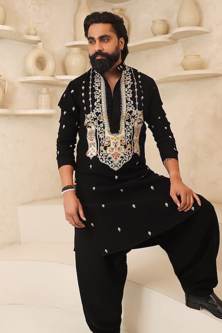 Courtyard By Abhi Black Lycra Embroidery Handcrafted Kurta Pyjama Set 