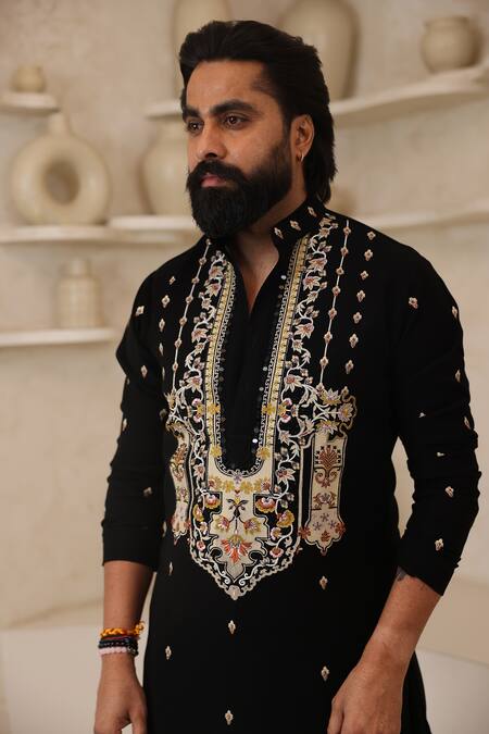 Buy_Courtyard By Abhi_Black Lycra Embroidery Handcrafted Kurta Pyjama Set _Online_at_Aza_Fashions