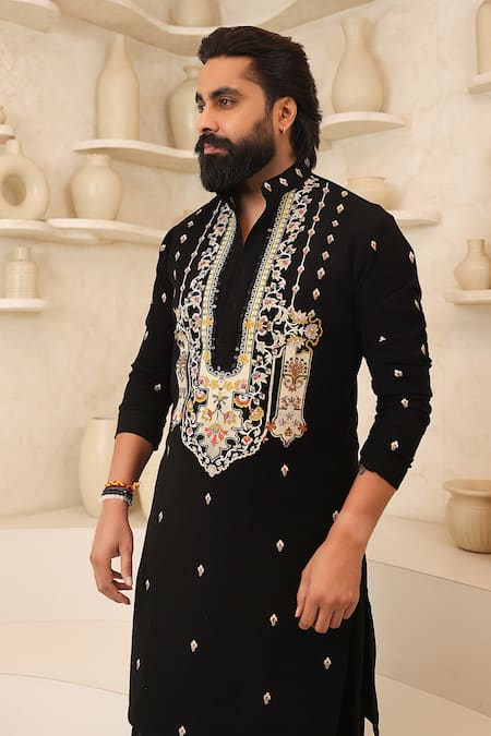 Courtyard By Abhi Black Handcrafted Kurta Pyjama Set 