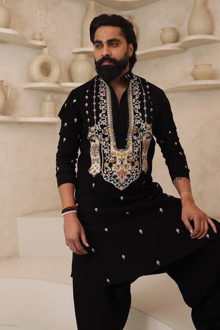 Shop_Courtyard By Abhi_Black Lycra Embroidery Handcrafted Kurta Pyjama Set _Online_at_Aza_Fashions