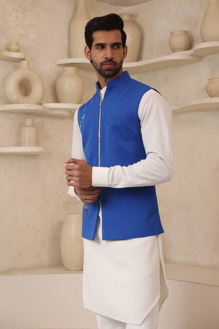 Courtyard By Abhi_Blue Lycra Embroidery Handcrafted Nehru Jacket And Kurta Set _Online_at_Aza_Fashions