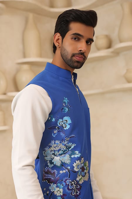 Shop_Courtyard By Abhi_Blue Lycra Embroidery Handcrafted Nehru Jacket And Kurta Set _Online_at_Aza_Fashions