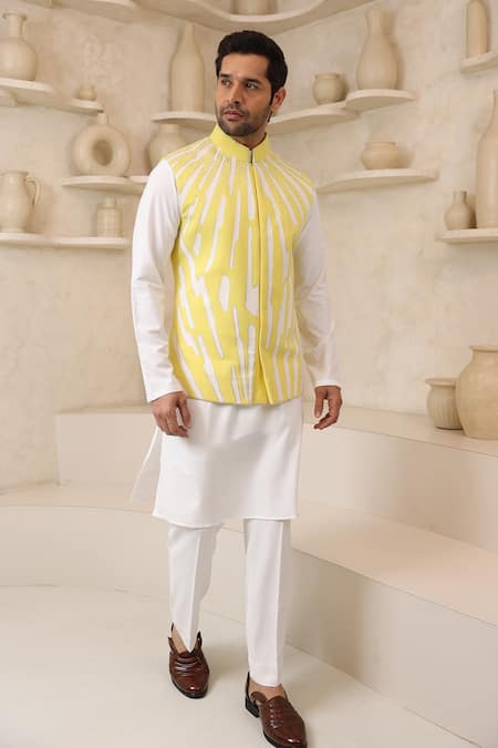 Courtyard By Abhi Yellow Handcrafted Nehru Jacket & Kurta Set 