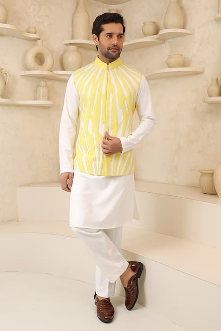 Courtyard by abhi Yellow Handcrafted Nehru Jacket & Kurta Set 