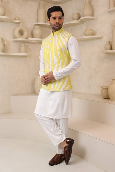 Buy_Courtyard By Abhi_Yellow Lycra Handcrafted Nehru Jacket And Kurta Set _Online_at_Aza_Fashions