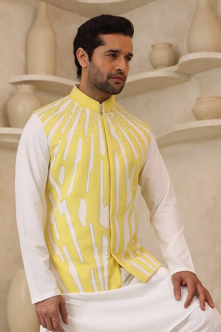 Shop_Courtyard By Abhi_Yellow Lycra Handcrafted Nehru Jacket And Kurta Set _Online_at_Aza_Fashions