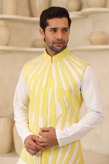 Courtyard By Abhi_Yellow Lycra Handcrafted Nehru Jacket And Kurta Set _at_Aza_Fashions