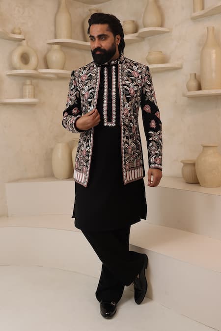 Courtyard By Abhi Black Lycra Embroidery Handcrafted Kurta Pyjama Set 
