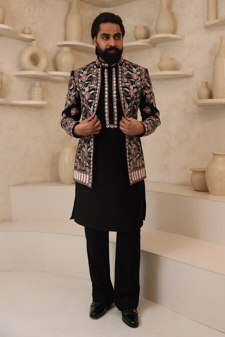 Courtyard By Abhi_Black Lycra Embroidery Handcrafted Kurta Pyjama Set _Online_at_Aza_Fashions