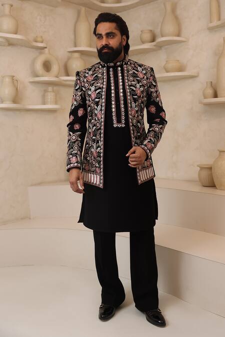 Buy_Courtyard By Abhi_Black Lycra Embroidery Handcrafted Kurta Pyjama Set _Online_at_Aza_Fashions