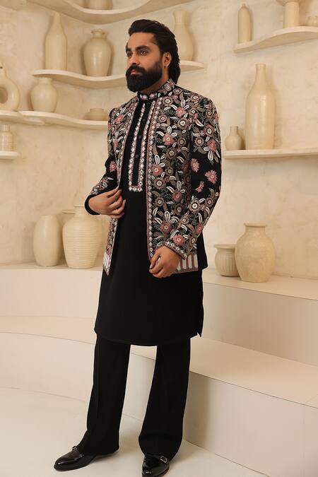 Shop_Courtyard By Abhi_Black Lycra Embroidery Handcrafted Kurta Pyjama Set _Online_at_Aza_Fashions