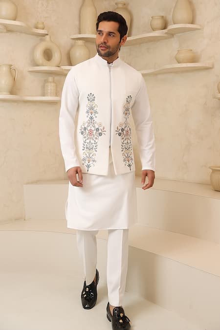 Courtyard By Abhi_Ivory Lycra Embroidery Handcrafted Nehru Jacket And Kurta Set _Online_at_Aza_Fashions