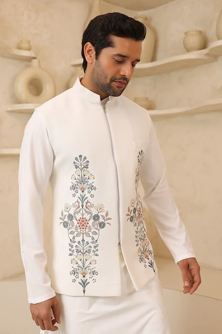 Buy_Courtyard By Abhi_Ivory Lycra Embroidery Handcrafted Nehru Jacket And Kurta Set _Online_at_Aza_Fashions