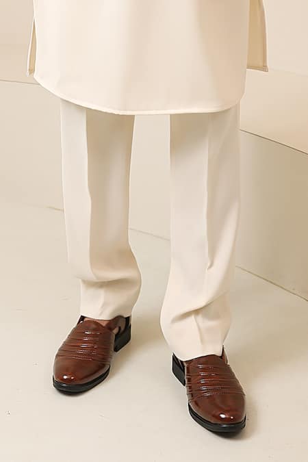 Courtyard By Abhi_Ivory Lycra Embroidery Handcrafted Jacket Kurta Set _Online_at_Aza_Fashions