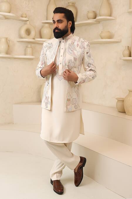Buy_Courtyard By Abhi_Ivory Lycra Embroidery Handcrafted Jacket Kurta Set _Online_at_Aza_Fashions