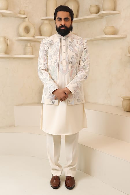 Courtyard By Abhi Ivory Handcrafted Jacket Kurta Set 