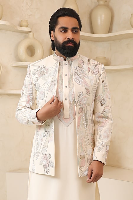 Shop_Courtyard By Abhi_Ivory Lycra Embroidery Handcrafted Jacket Kurta Set _Online_at_Aza_Fashions