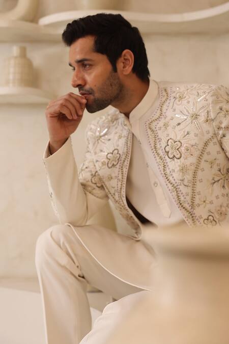 Buy_Courtyard By Abhi_Ivory Lycra Embroidery Handcrafted Kurta Pyjama Set _Online_at_Aza_Fashions