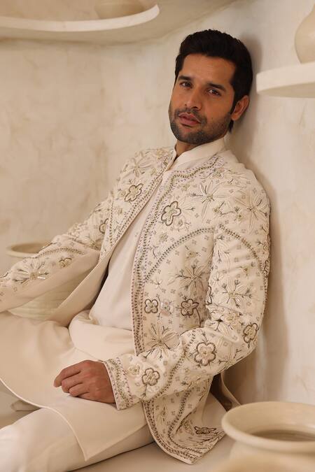 Shop_Courtyard By Abhi_Ivory Lycra Embroidery Handcrafted Kurta Pyjama Set _Online_at_Aza_Fashions