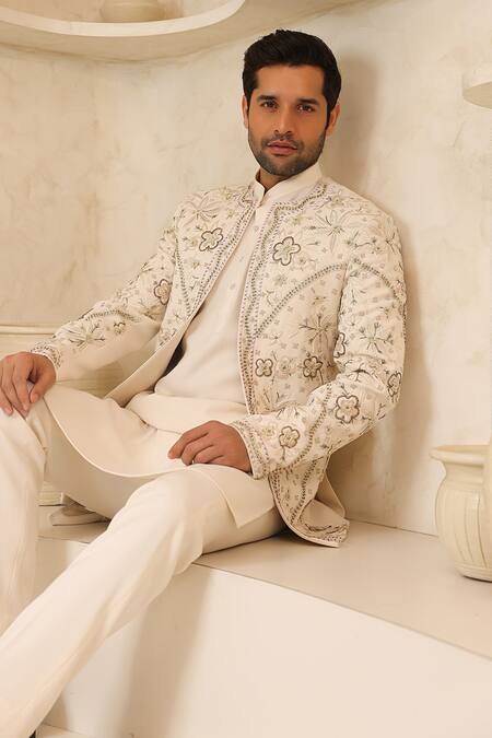 Courtyard By Abhi_Ivory Lycra Embroidery Handcrafted Kurta Pyjama Set _at_Aza_Fashions