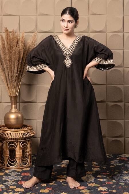 Shop_Label Flamingo By Vrinda_Black Cotton, Silk Zari, Sequins V-neck Zardozi Embroidered Kaftan Set _Online_at_Aza_Fashions