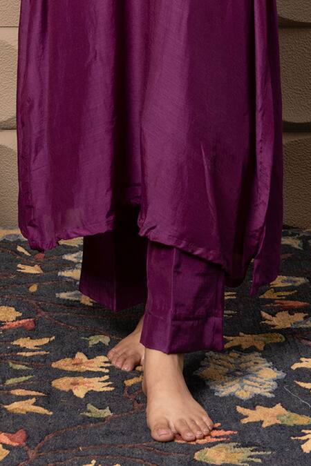 Label Flamingo By Vrinda_Purple Cotton, Silk Zari, Pearls, Sequins V-neck Zardozi Embroidered Kaftan Set _Online_at_Aza_Fashions