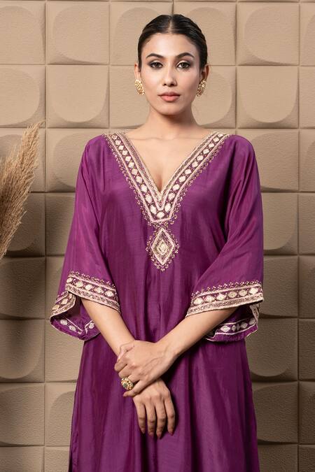 Buy_Label Flamingo By Vrinda_Purple Cotton, Silk Zari, Pearls, Sequins V-neck Zardozi Embroidered Kaftan Set _Online_at_Aza_Fashions