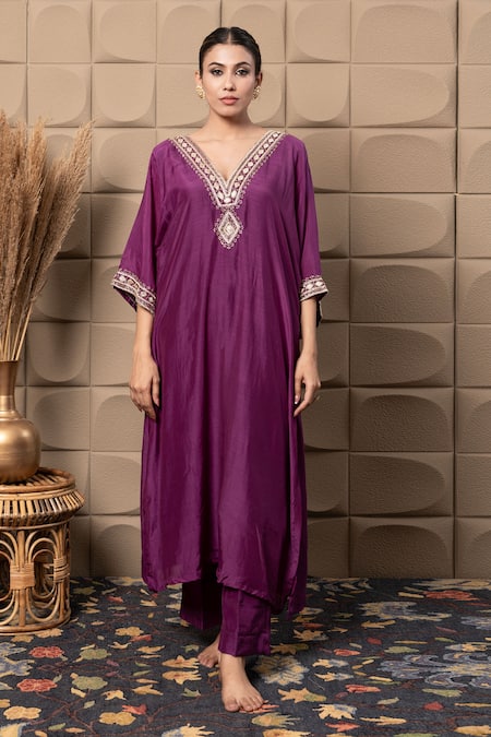 Label Flamingo By Vrinda_Purple Cotton, Silk Zari, Pearls, Sequins V-neck Zardozi Embroidered Kaftan Set _at_Aza_Fashions