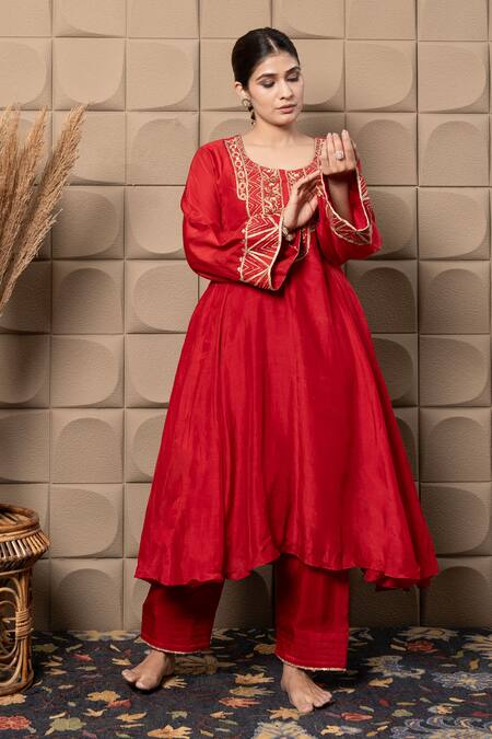 Buy_Label Flamingo By Vrinda_Maroon Cotton, Silk Metallic Thread, Sequins Round Zardozi Embroidered Kurta Set _Online_at_Aza_Fashions