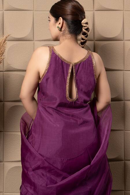 Buy_Label Flamingo By Vrinda_Purple Cotton, Silk Zari, Sequins, Cut Work Boat Zardozi Embroidered Kurta Set _Online_at_Aza_Fashions