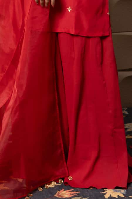 Label Flamingo By Vrinda_Maroon Cotton, Silk Zari, Sequins Round Neck Zardozi Embroidered Kurta Set _Online_at_Aza_Fashions