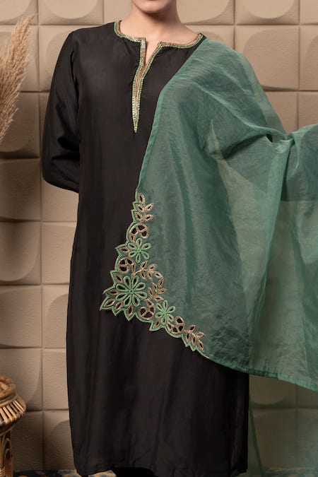 Buy_Label Flamingo By Vrinda_Black Cotton, Silk Cut Work, Sequins, Zari Split V-neck Kurta Set With Dupatta _Online_at_Aza_Fashions