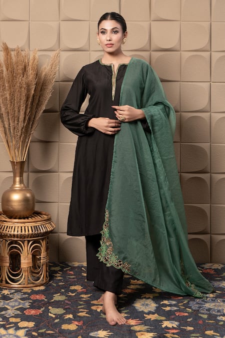 LABEL FLAMINGO BY VRINDA Black Cotton, Silk Cut Work, Sequins, Zari Split V-neck Kurta Set With Dupatta 