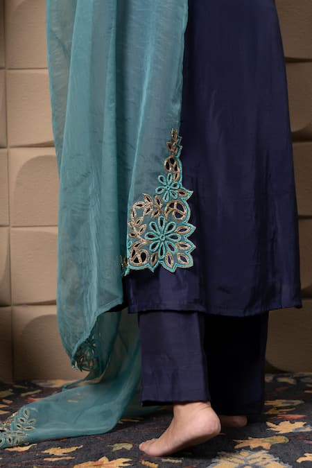 Label Flamingo By Vrinda_Blue Cotton, Silk Zari, Metallic Thread, Embroidery Split Zardozi Kurta Set _Online_at_Aza_Fashions