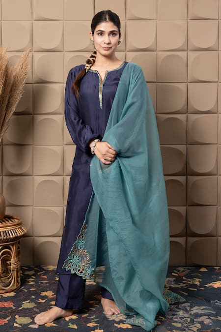 Buy_Label Flamingo By Vrinda_Blue Cotton, Silk Zari, Metallic Thread, Embroidery Split Zardozi Kurta Set _Online_at_Aza_Fashions