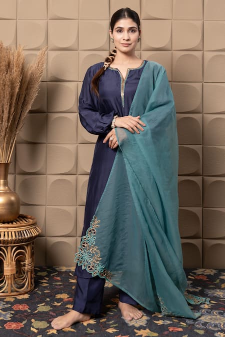 LABEL FLAMINGO BY VRINDA Blue Cotton, Silk Zari, Metallic Thread, Embroidery Split Zardozi Kurta Set 