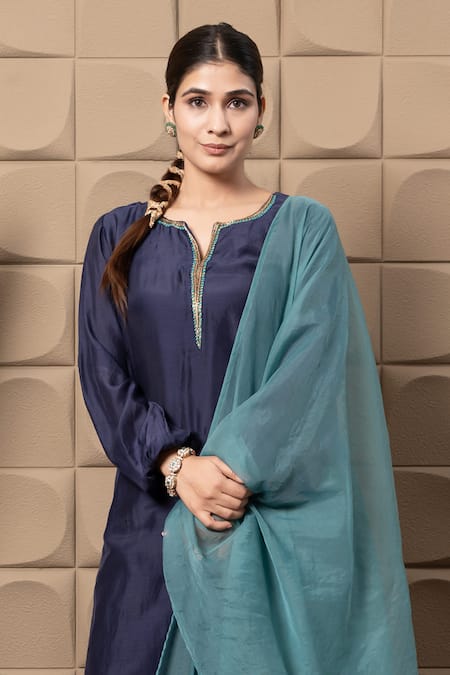 Shop_Label Flamingo By Vrinda_Blue Cotton, Silk Zari, Metallic Thread, Embroidery Split Zardozi Kurta Set _Online_at_Aza_Fashions