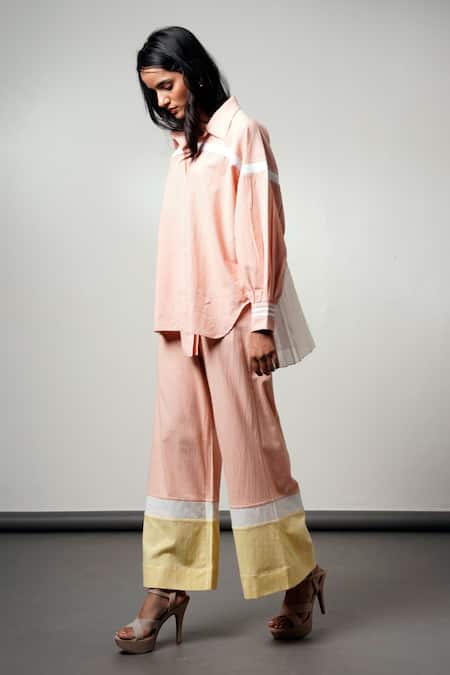 Madder Much Blush Cotton Collared Bellona Fluted Shirt And Wide Leg Pants Set Online at Aza Fashions Madder Much_Blush Cotton Collared Bellona Fluted Shirt And Wide Leg Pants Set _Online_at_Aza_Fashions