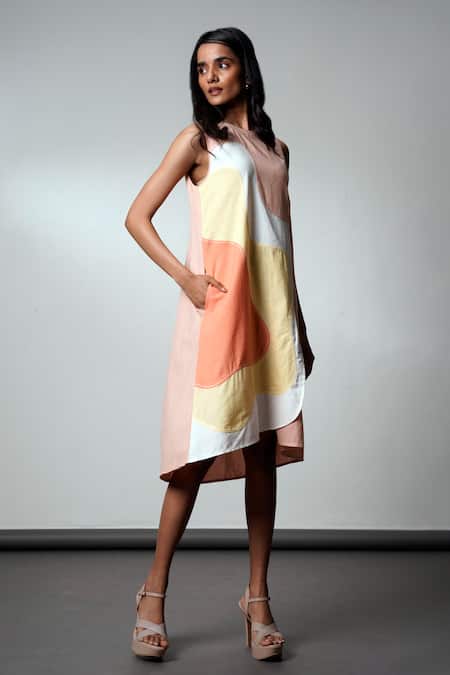 Buy Madder Much Peach Cotton Round Neck Summer Sculpt Dress Online at Aza Fashions Buy_Madder Much_Peach Cotton Round Neck Summer Sculpt Dress _Online_at_Aza_Fashions