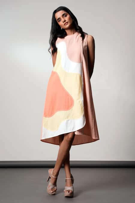 Madder Much Peach Cotton Round Neck Summer Sculpt Dress 