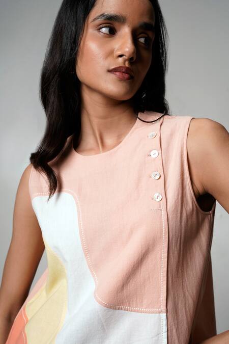 Madder Much Peach Cotton Round Neck Summer Sculpt Dress at Aza Fashions Madder Much_Peach Cotton Round Neck Summer Sculpt Dress _at_Aza_Fashions