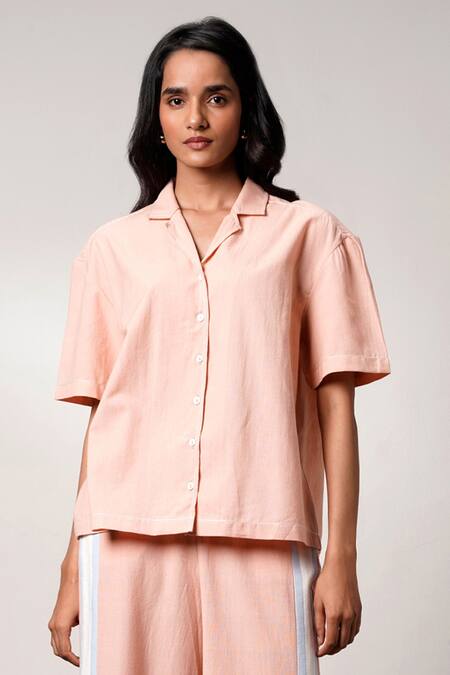 Madder Much Blush Cotton Collared Peach Shirt And Pant Set Online at Aza Fashions Madder Much_Blush Cotton Collared Peach Shirt And Pant Set _Online_at_Aza_Fashions