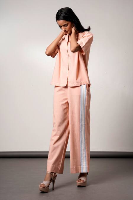 Shop Madder Much Blush Cotton Collared Peach Shirt And Pant Set Online at Aza Fashions Shop_Madder Much_Blush Cotton Collared Peach Shirt And Pant Set _Online_at_Aza_Fashions