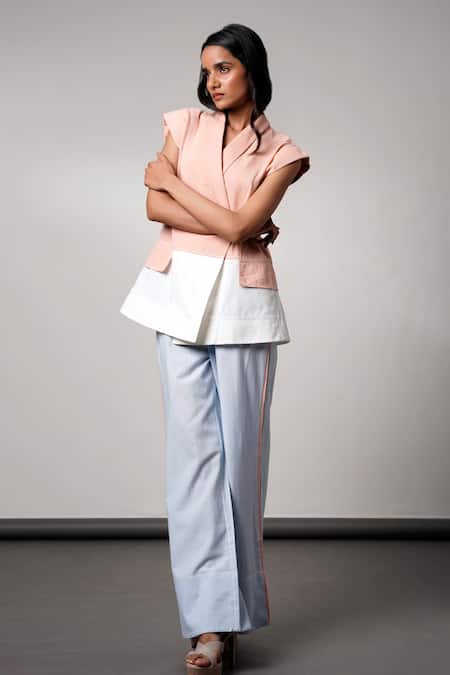 Madder Much Peach Handloom , And Blue Blazer Pant Set Online at Aza Fashions Madder Much_Peach Handloom , And Blue Blazer Pant Set _Online_at_Aza_Fashions