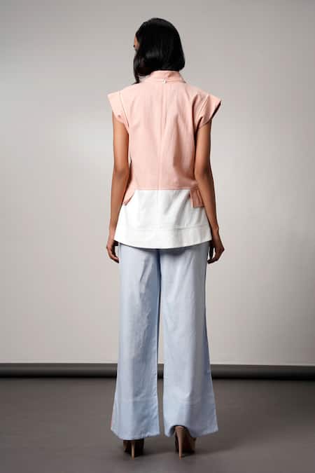 Shop Madder Much Peach Handloom , And Blue Blazer Pant Set at Aza Fashions Shop_Madder Much_Peach Handloom , And Blue Blazer Pant Set _at_Aza_Fashions