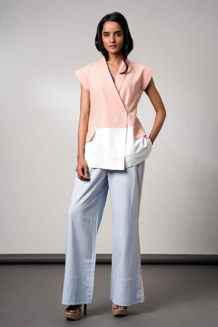 Buy Madder Much Peach Handloom , And Blue Blazer Pant Set Online at Aza Fashions Buy_Madder Much_Peach Handloom , And Blue Blazer Pant Set _Online_at_Aza_Fashions