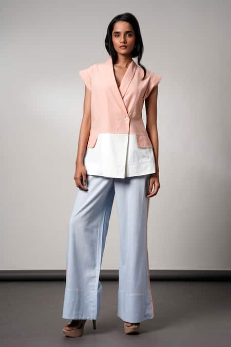 Madder Much Peach Handloom , And Blue Blazer Pant Set 