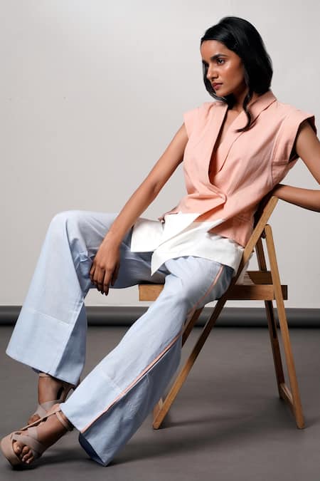 Madder Much Peach Handloom , And Blue Blazer Pant Set at Aza Fashions Madder Much_Peach Handloom , And Blue Blazer Pant Set _at_Aza_Fashions